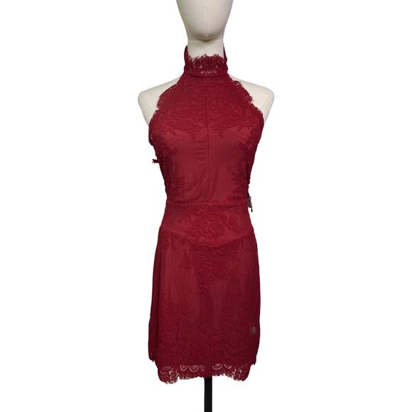 Free People Intimately Red Velvet Lace Halter Mini Dress NWT Size Small - Picture 1 of 13